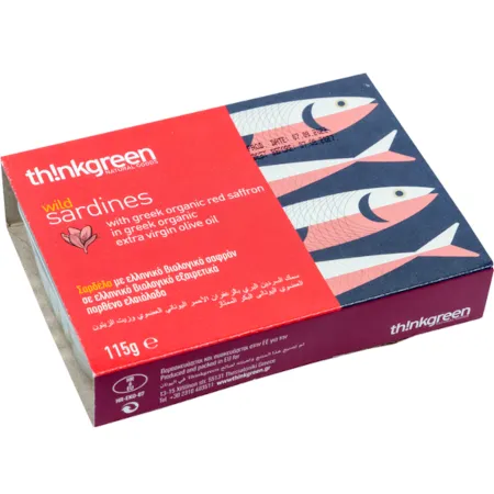 Dzikie sardynki w ekologicznej oliwie z oliwek extra virgin z szafranem 115 g thinkgreen