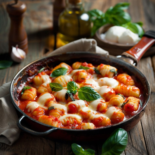 Gnocchi zapiekane na patelni, ozdobione świeżą bazylią