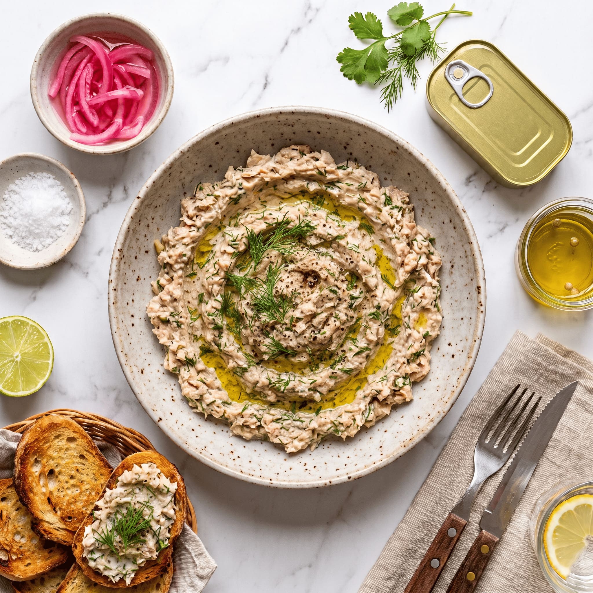 Grecka pasta rybna z cytryną, koperkiem i fetą do chrupiących grzanek