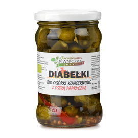 DIABEŁKI OGÓRKI KONSERWOWE Z OSTRĄ PAPRYCZKĄ BIO 160g Jacentowska Piwniczka Smaku