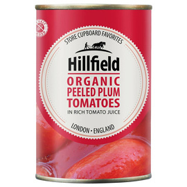Pomidory śliwkowe bez skórki w soku pomidorowym 400g BIO Hillfield